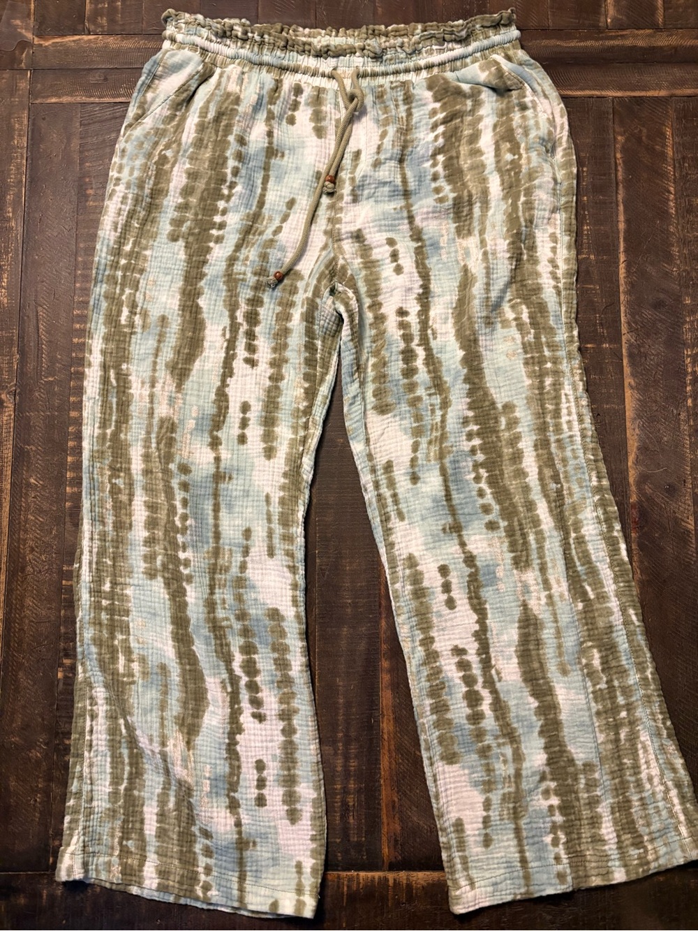 Cato Women's Boho Wide Leg Tie-Dye Textured Gauze Pants Olive & Light Blue
